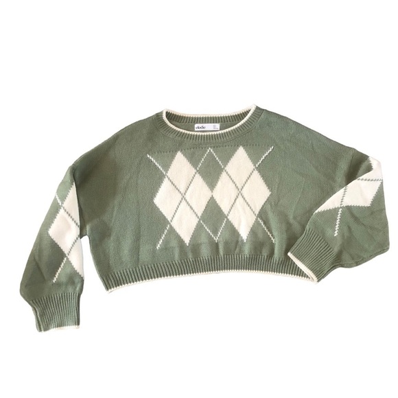 Elodie Cropped Argyle Sweater Sz. XS Green Cream Oversized LS Cozy Fall Preppy - Picture 1 of 4